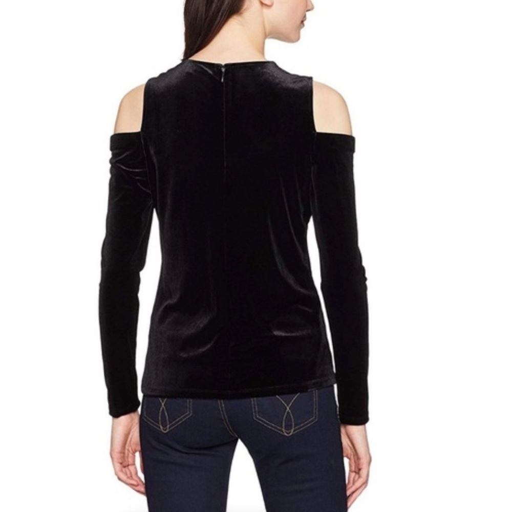 Calvin Klein Black Velvet Cold Shoulder Top Size L Long Sleeve Zip Back Velvet - Picture 3 of 5